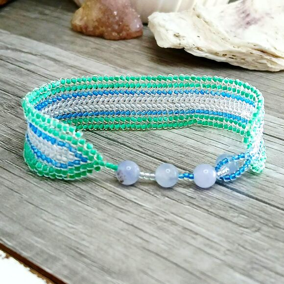 Aquamarine Gemstone Beaded Bracelet & Earring Set, Seed Bead Jewelry - Picture 5 of 7